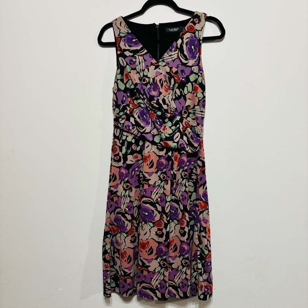 Ralph Lauren Purple and Pink Sleeveless V-Neck Midi‎ Dress